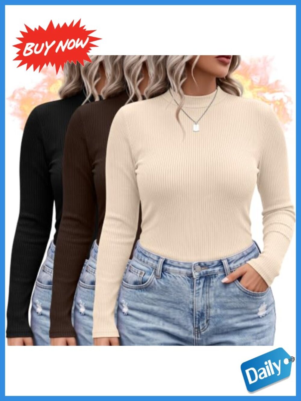 Women's Plus Size Ribbed Mock Turtleneck Long Sleeve Tees 3 Pack